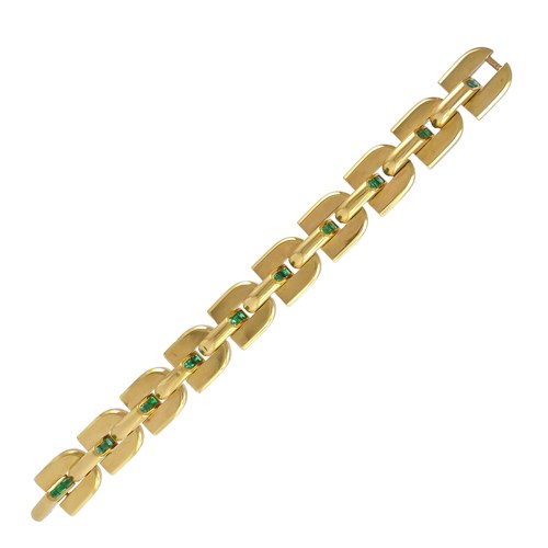 18ct gold domed panel link bracelet with emeralds by Mellerio Dits Meller, Paris, workshop mark for Georges Lenfant, of architectural design,